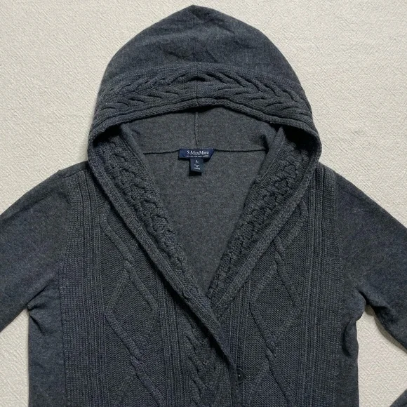 MaxMara Grey Cable Knit Cashmere Hooded Cardigan Sweater L - Picture 2 of 7